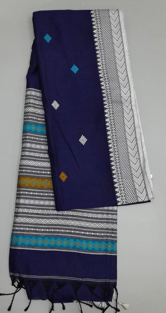 Handwoven royal blue silk cotton saree