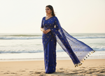 Navy Blue Khadhi Cotton Saree with Yellow Heart Bhuttis