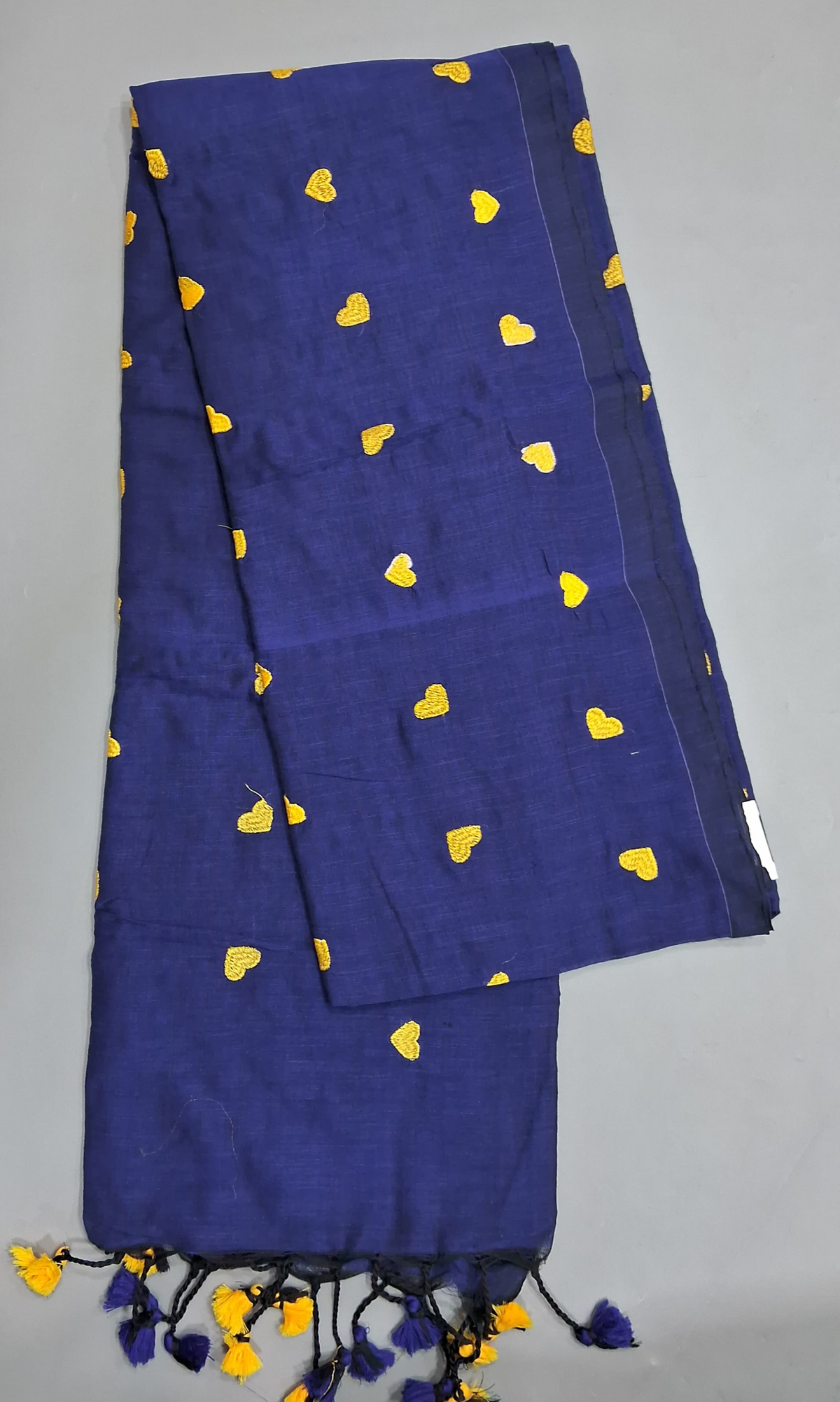 Navy Blue Khadhi Cotton Saree with Yellow Heart Bhuttis