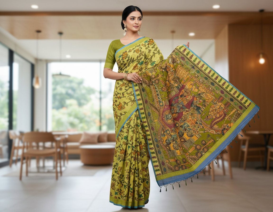 Yellow Khadhi Floral Print Saree 