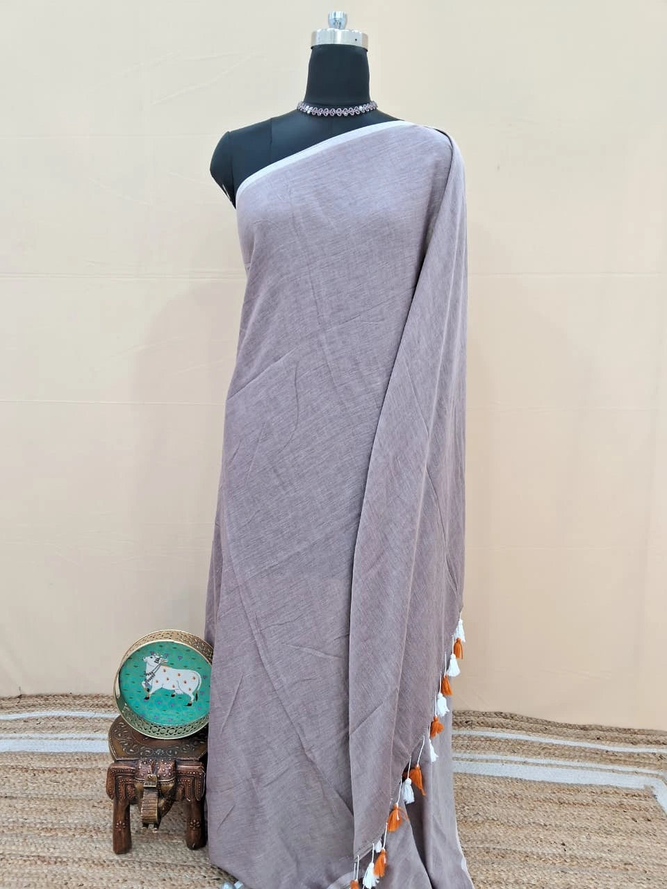 Grey khadhi mulmul cotton saree