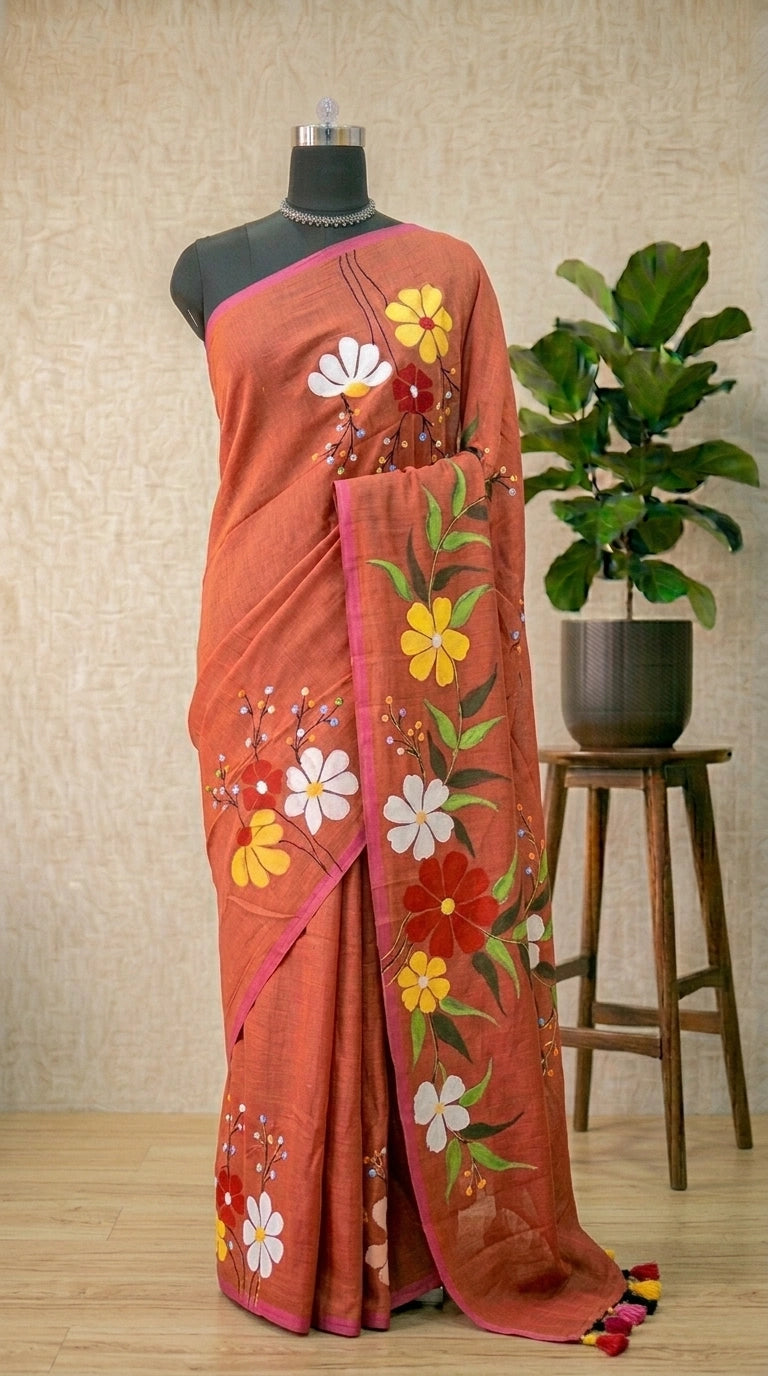 Tarditional Dark Peach Khadhi Cotton Saree