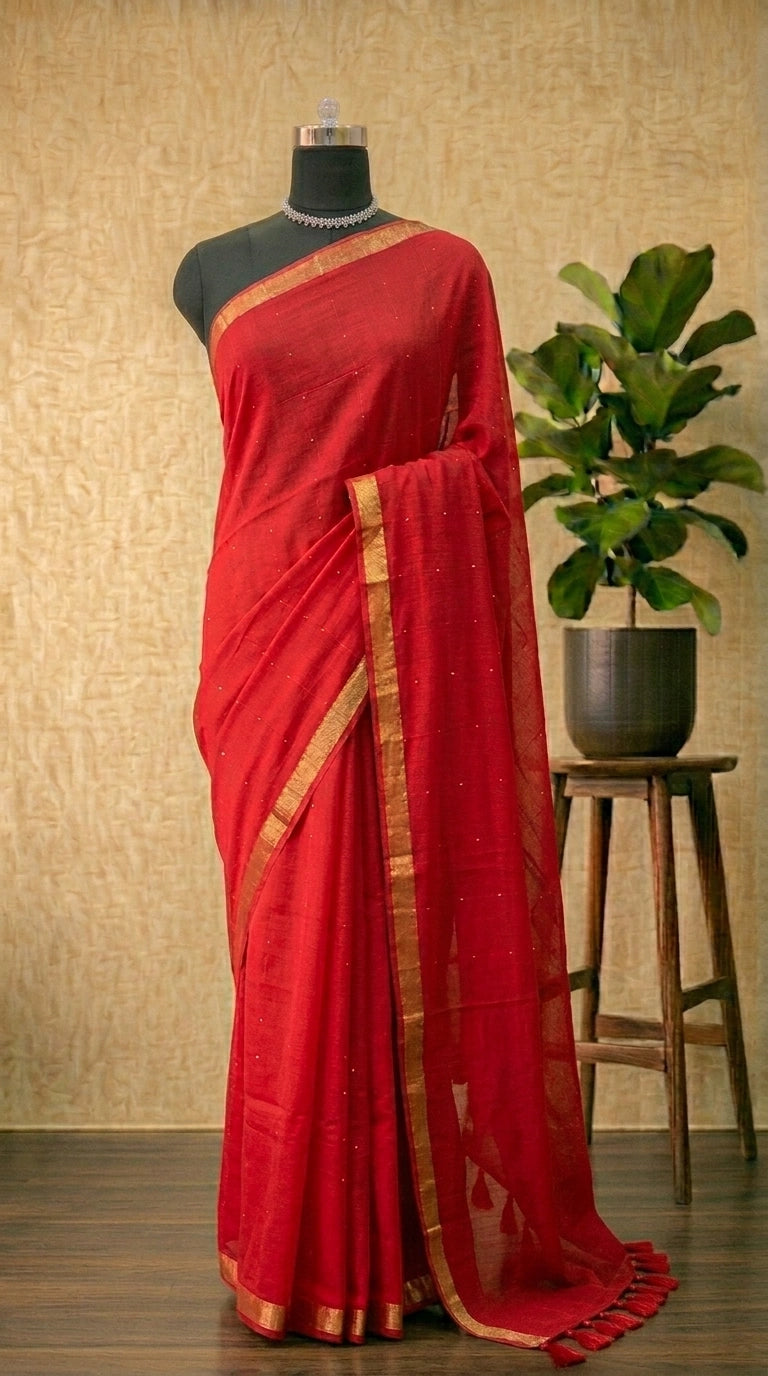 Fire Red Khadhi Cotton Saree