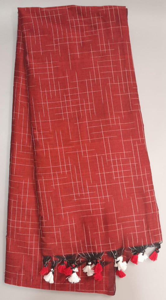 Brick Red Khadi Ikkat Cotton Saree