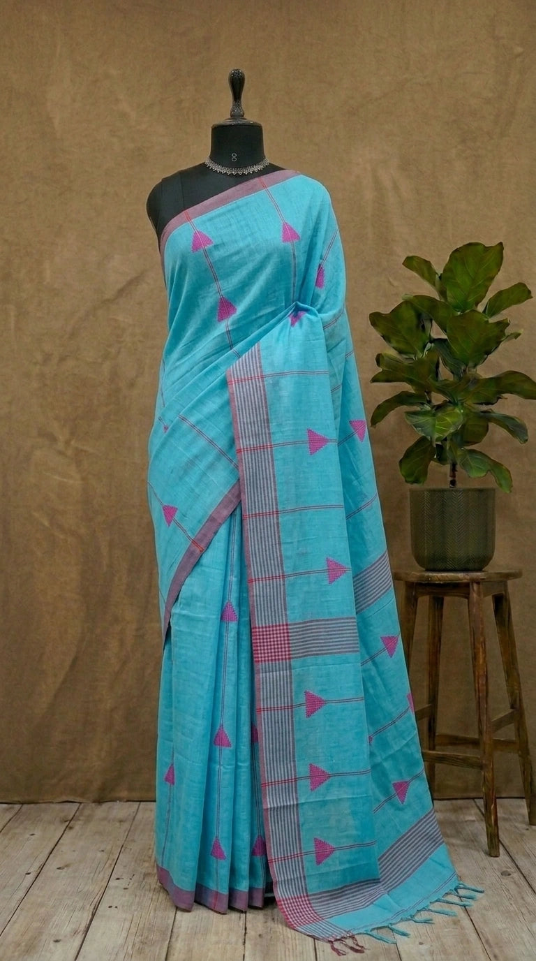 Caribbean blue Khadhi Cotton Saree 