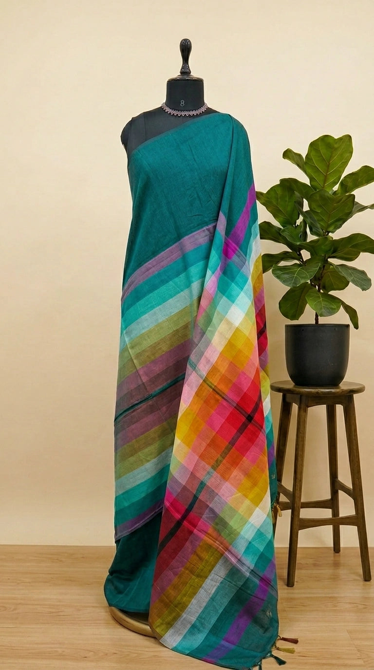 Teal green khadhi Cotton Saree