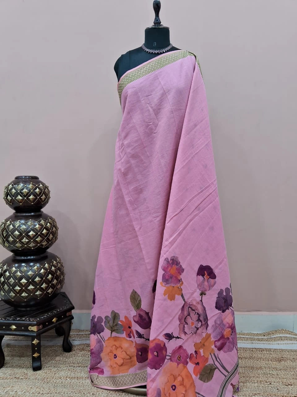 Light Pink Plain Khadhi Cotton Saree