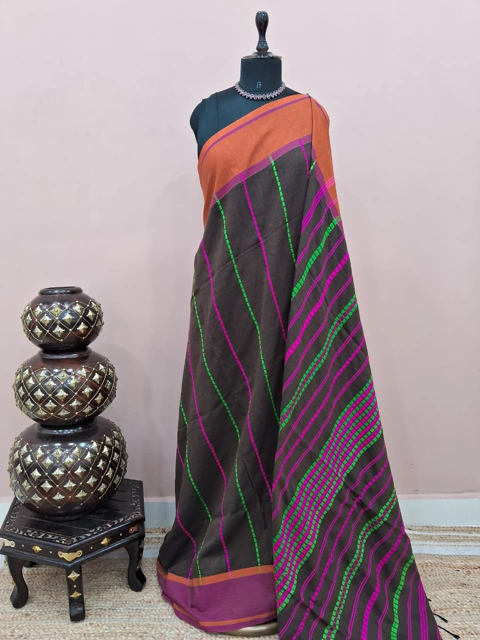 Dark Chocolate Brown Khadhi Cotton Saree