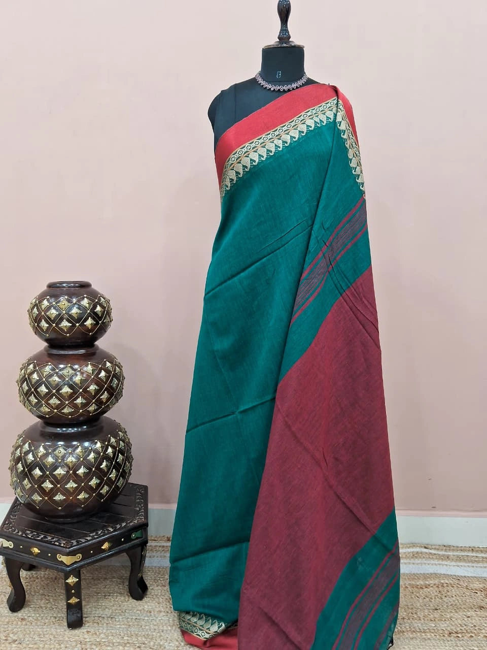 Peacock Green Plain Khadhi Cotton Saree