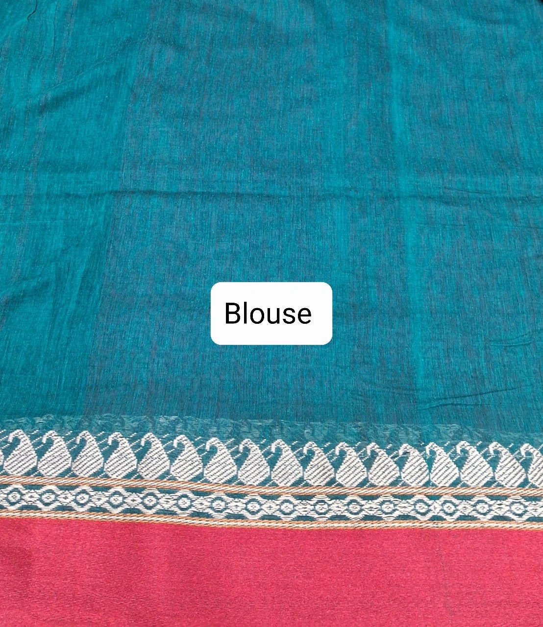 Peacock Green Plain Khadhi Cotton Saree Blouse