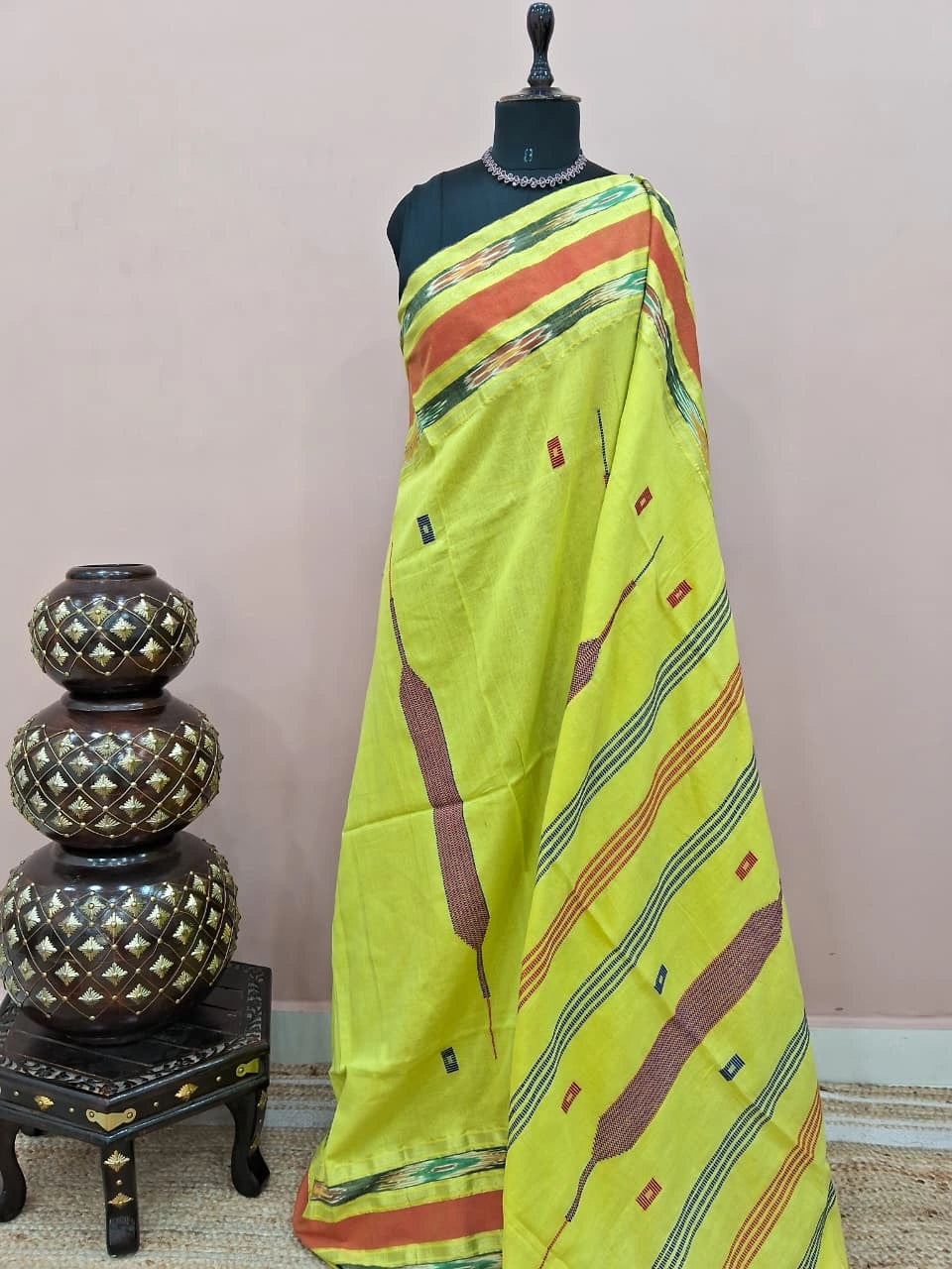Lemon Yellow Pink Khadhi Cotton Saree