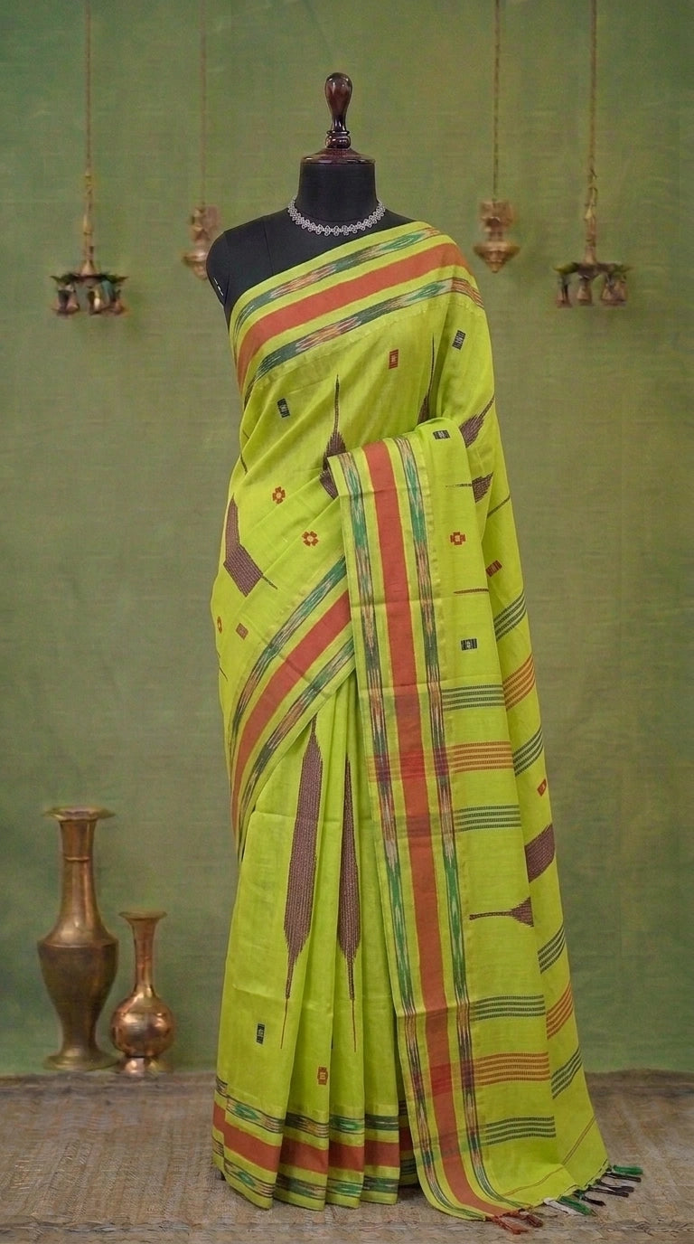 Lemon Yellow Pink Khadhi Cotton Saree