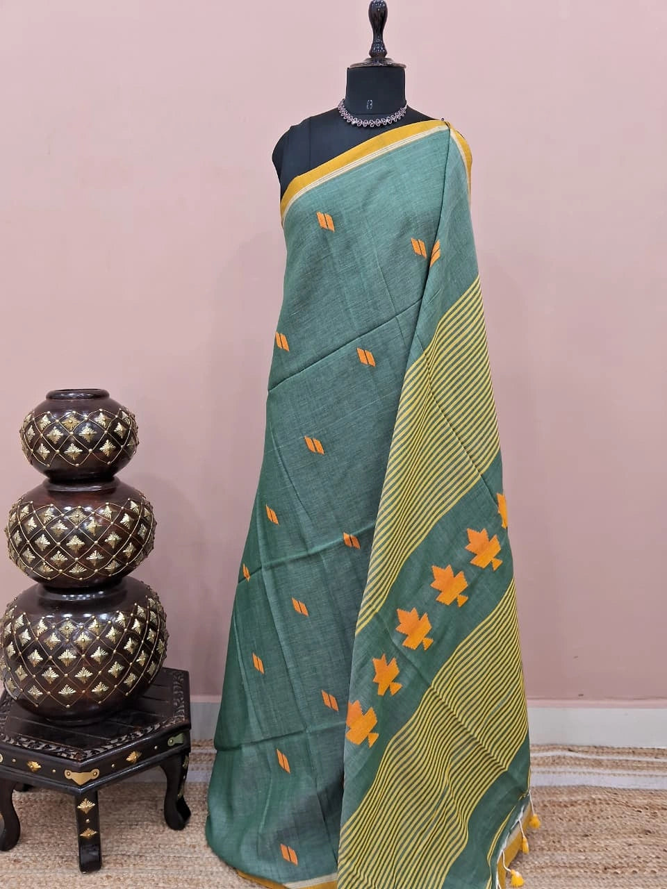 Olive Green Khadhi Cotton Saree