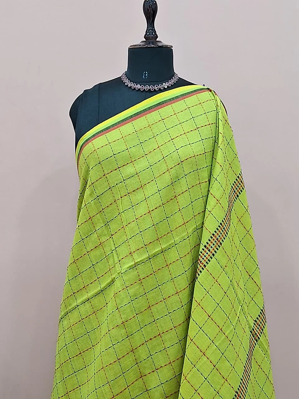 Lime Green Khadhi Cotton Saree 1