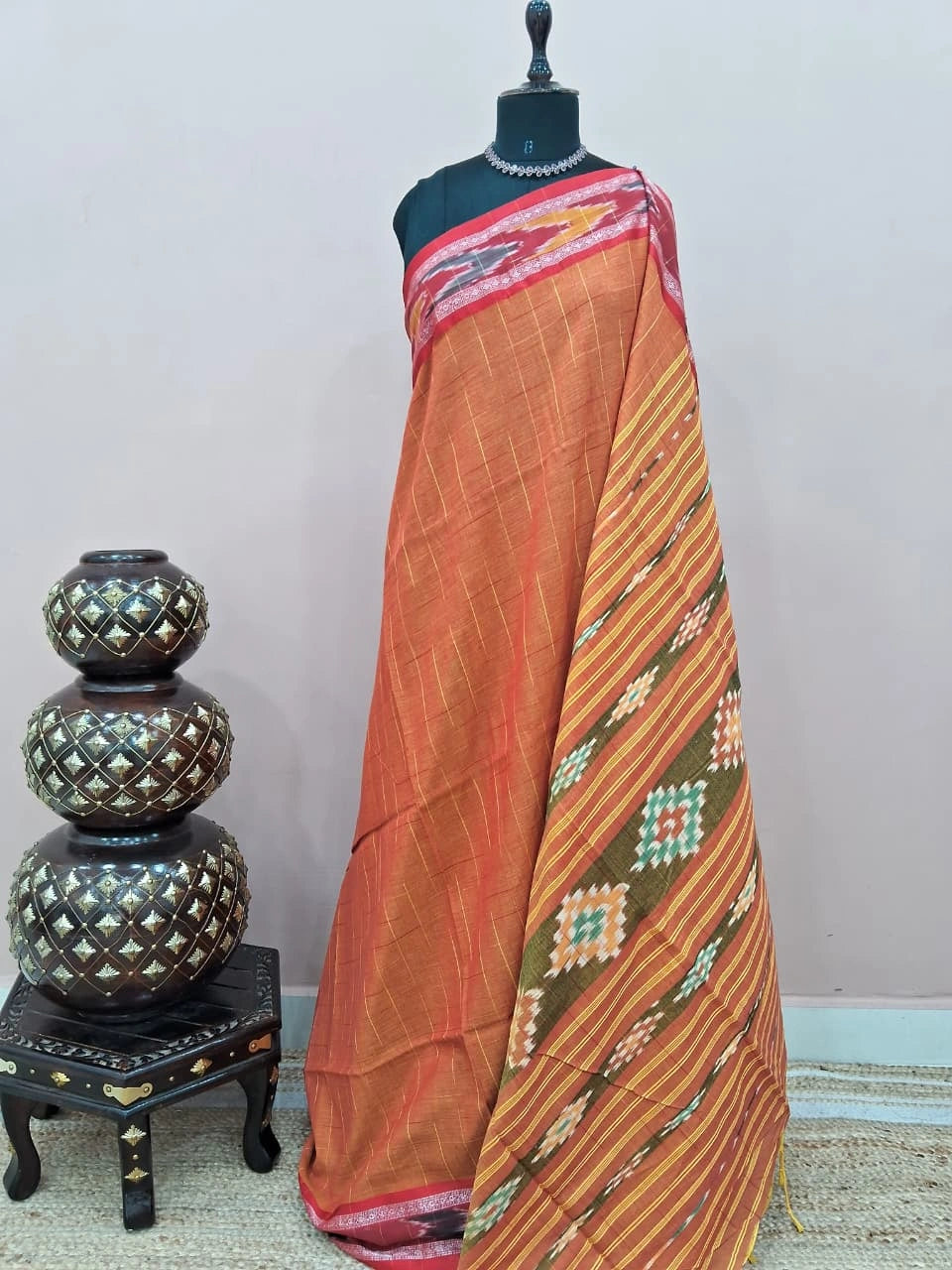 Rust Orange Khadhi Cotton Saree