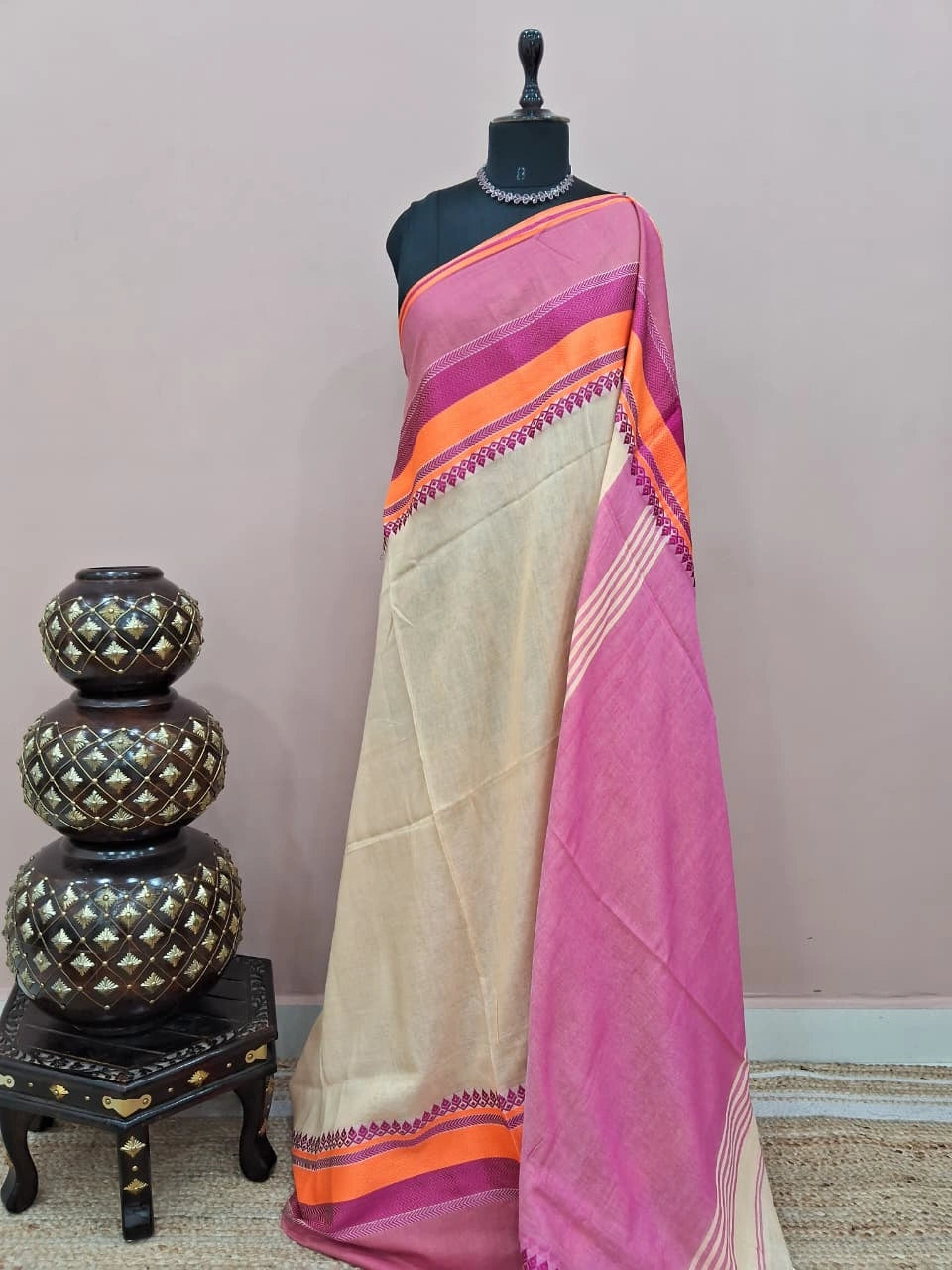 Cream plain Khadhi Cotton Saree