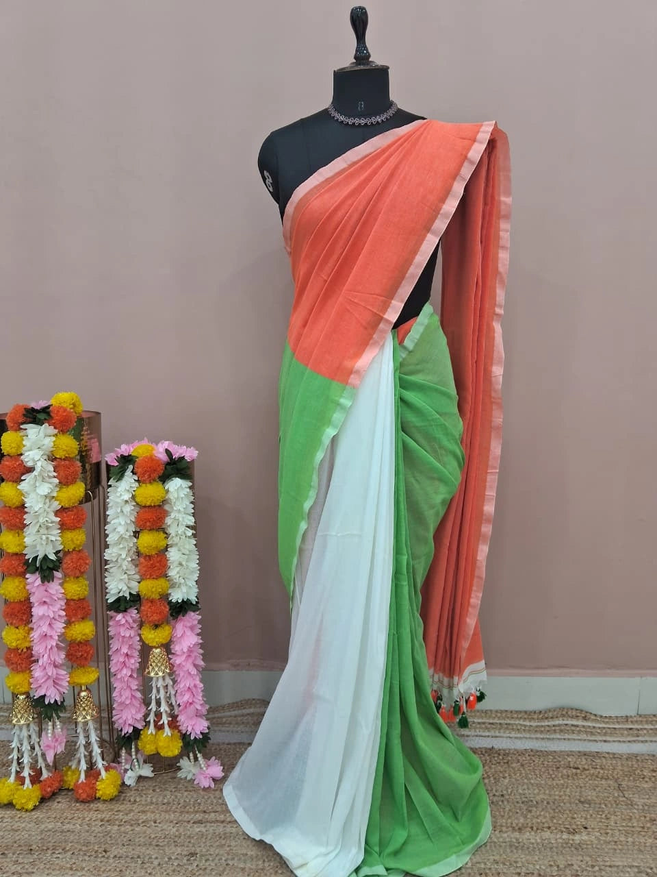 Tricolour Half & Half Khadhi Cotton Saree 