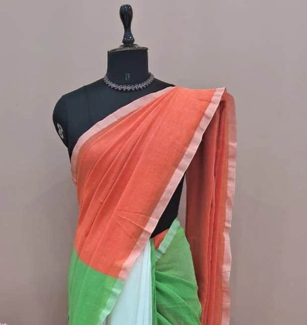 Tricolour Half & Half Khadhi Cotton Saree 1
