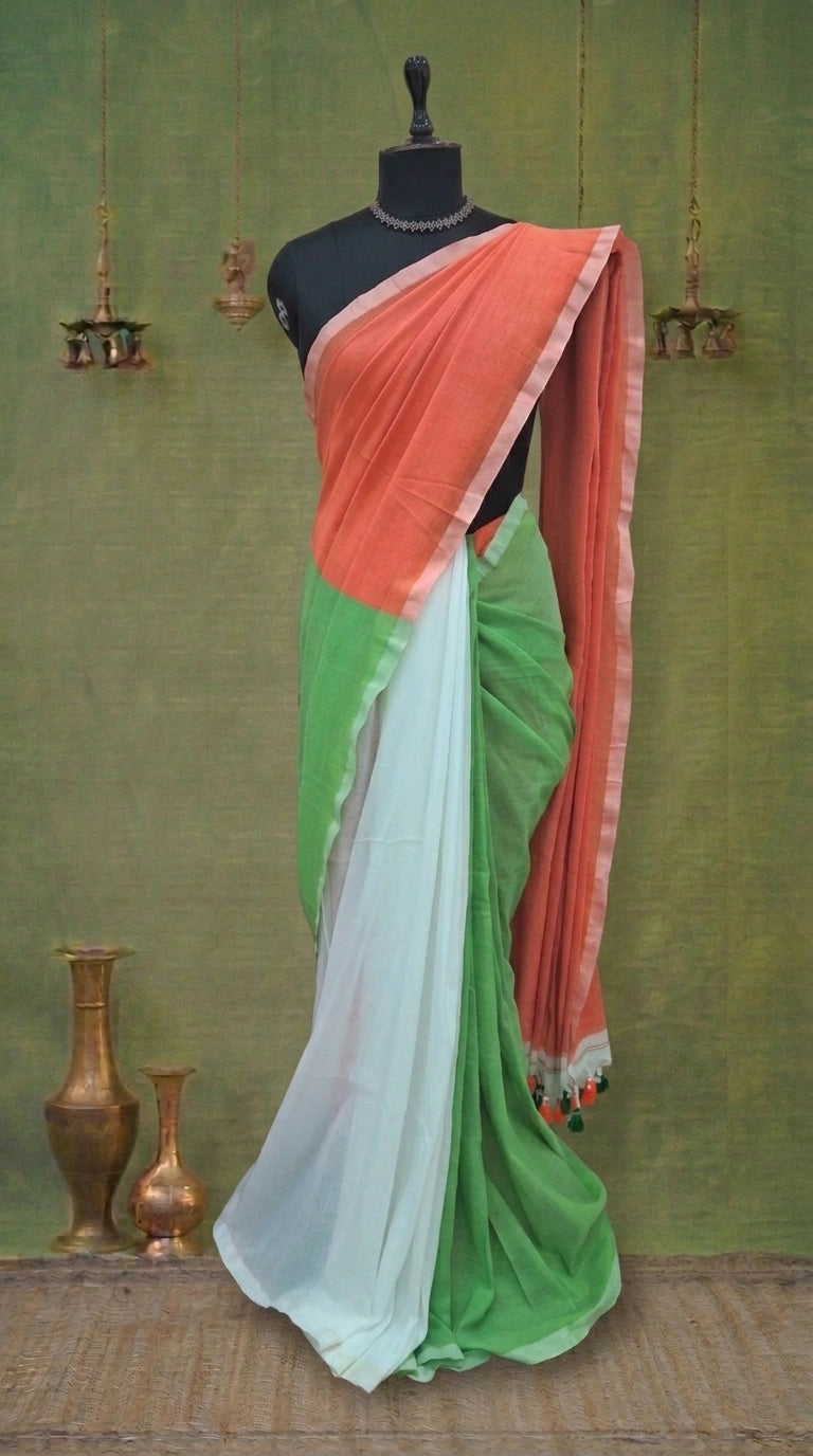 Tricolour Half & Half Khadhi Cotton Saree 