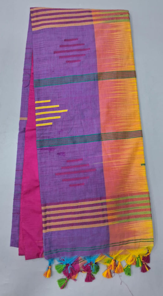 Blue and Yellow panelled Khadi cotton saree