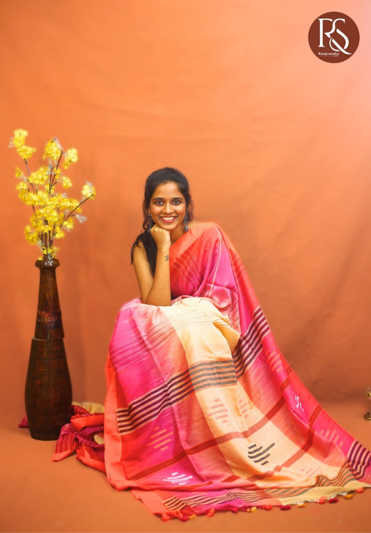 Pink and Cream panelled Khadi cotton saree