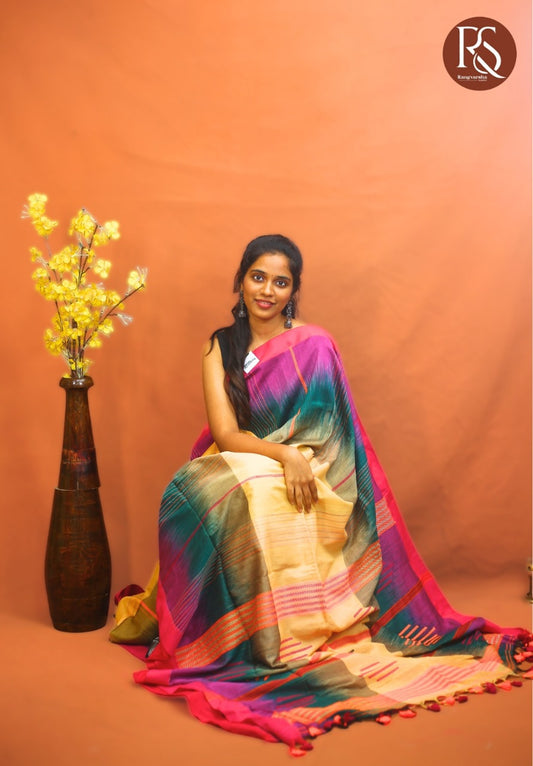 Cream and Green panelled Khadi cotton saree