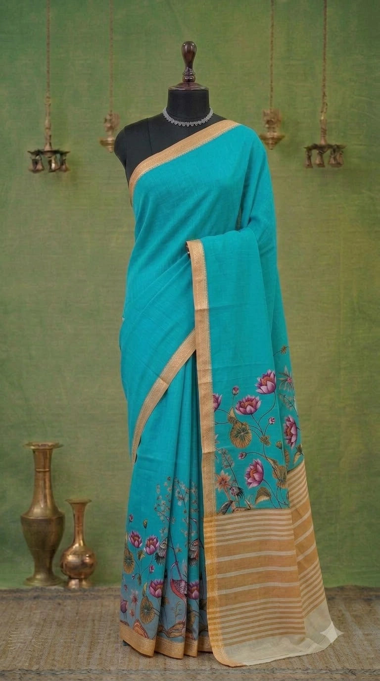 Caribbean Blue Khadhi Cotton Saree 