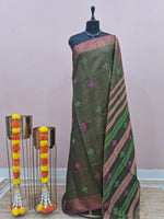 Army Green Khadhi Cotton Tissue Saree 