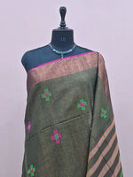 Army Green Khadhi Cotton Tissue Saree 1