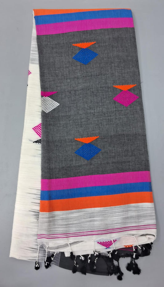 White and Grey Khadi cotton saree