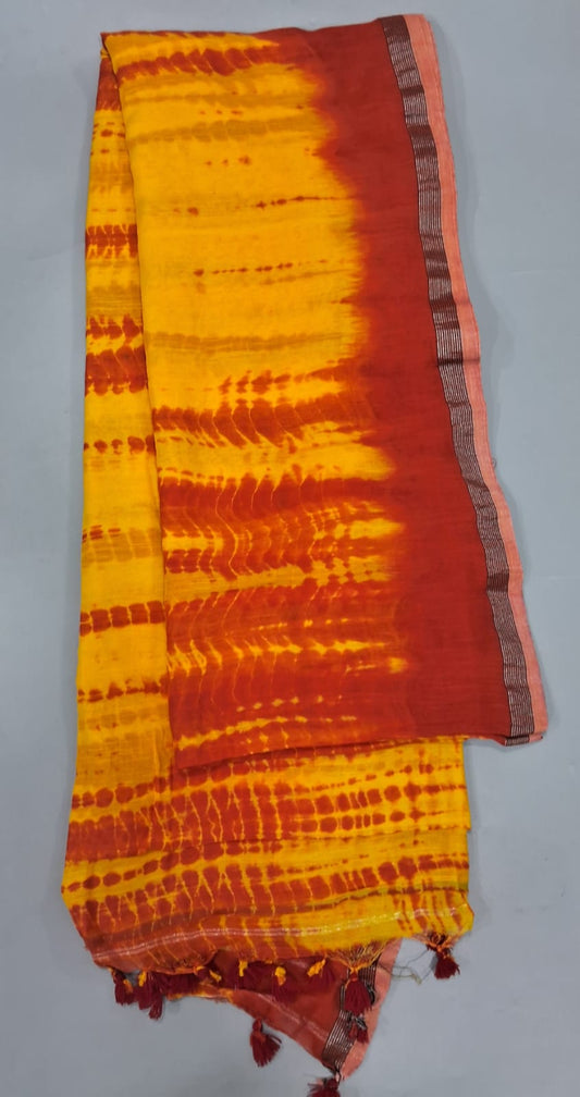 Yellow and red Shibori dyed khadi cotton saree