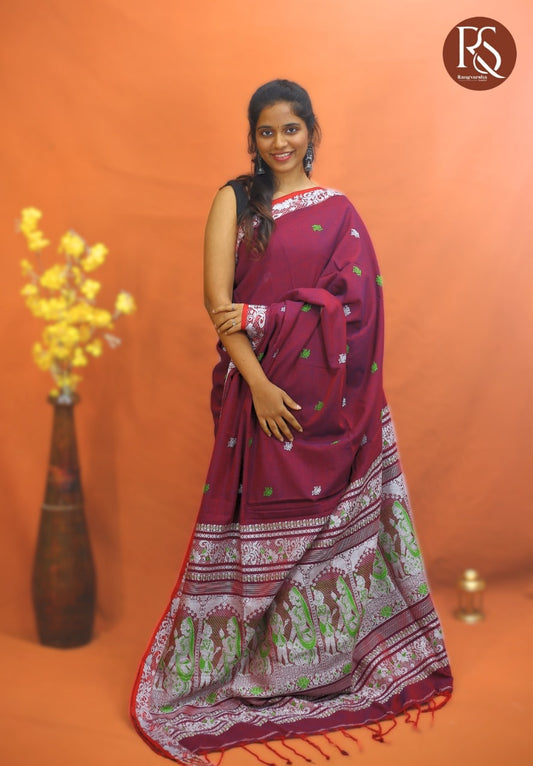 Wine Khadi Cotton Saree