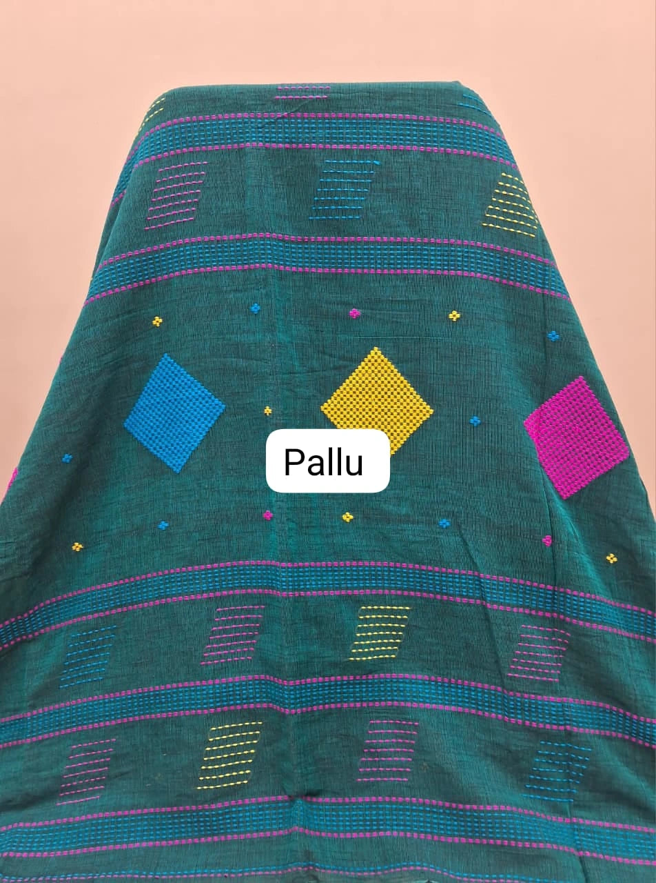 Teal Blue Khadhi Cotton Saree pallu