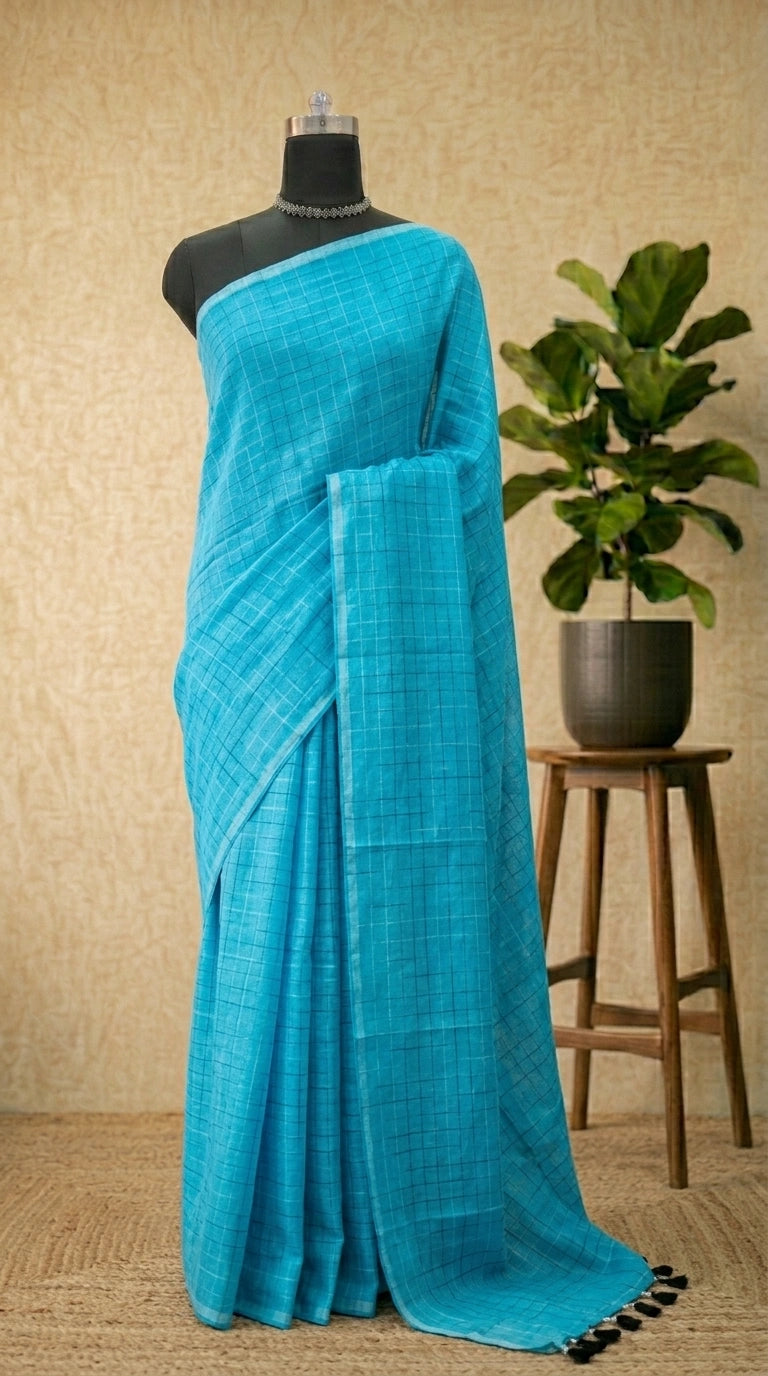 Sky Blue Khadhi Ikkat Cotton Saree