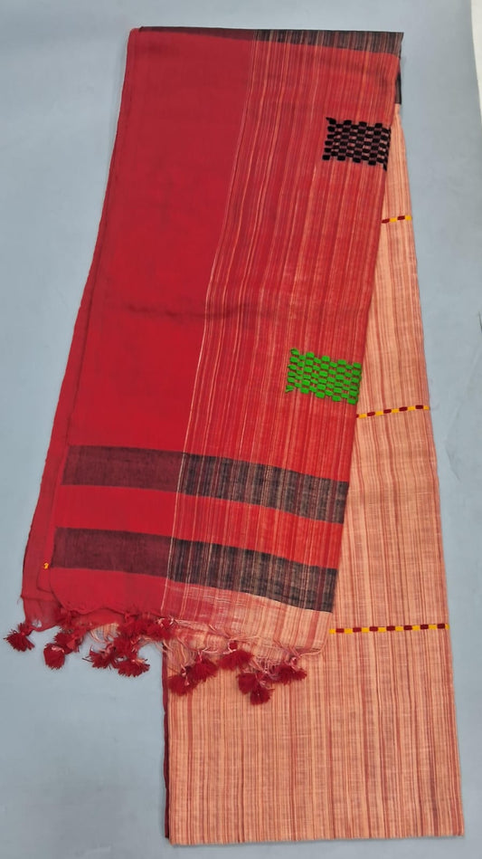 Peach and red Khadi Cotton Saree