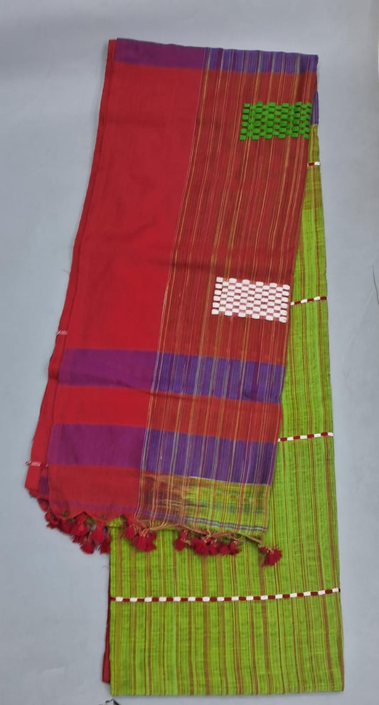 Parrot Green and red Khadi Cotton Saree