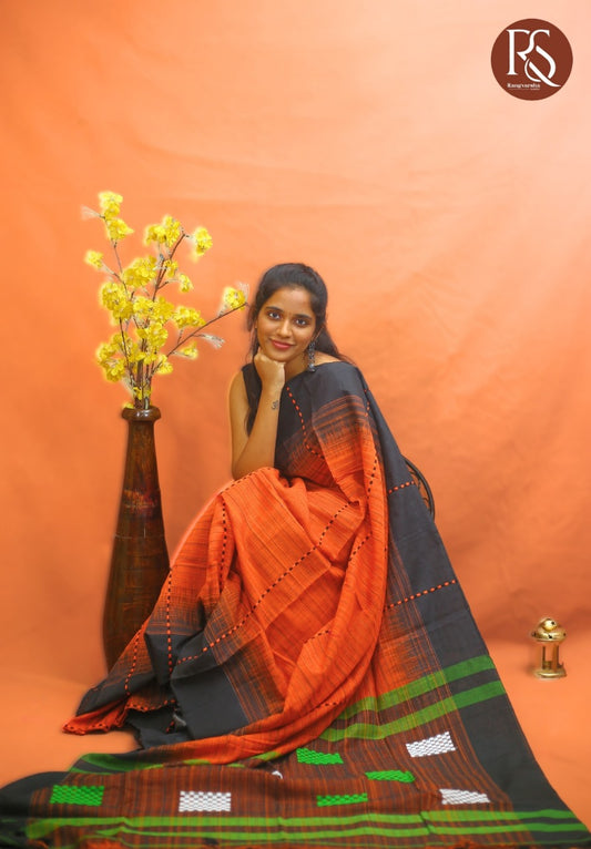 Orange and black Khadi Cotton Saree