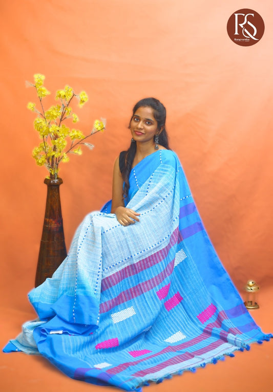 Sky Blue and White Khadi Cotton Saree