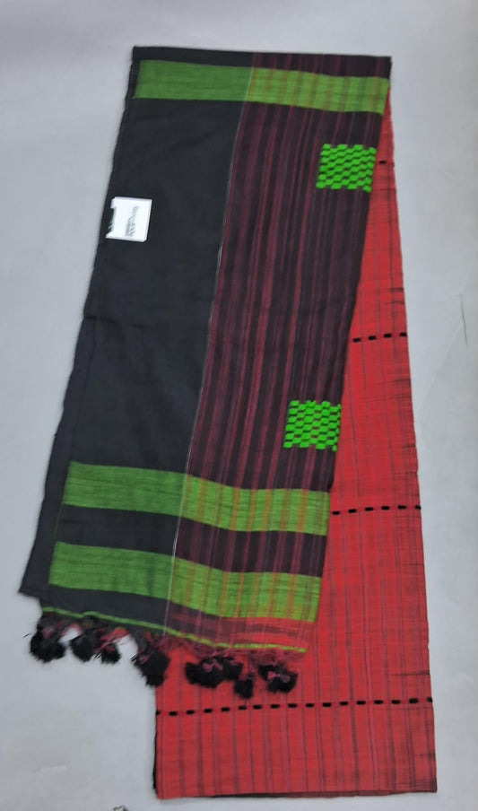 Red and Black Khadi Cotton Saree