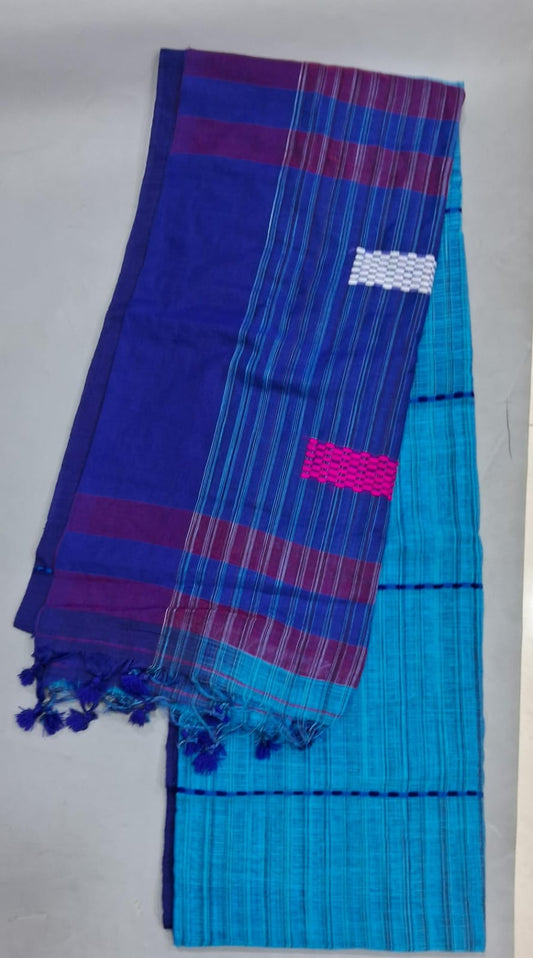 Caribbean Blue and royal blue Khadi Cotton Saree