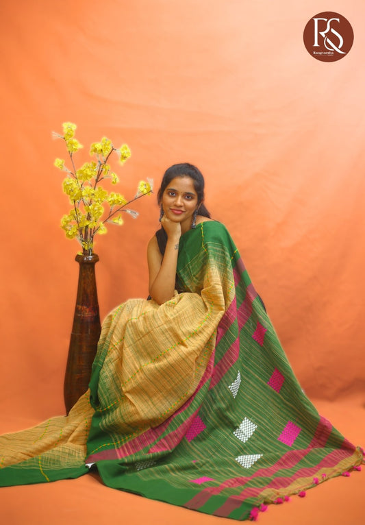 Peach and green Khadi Cotton Saree