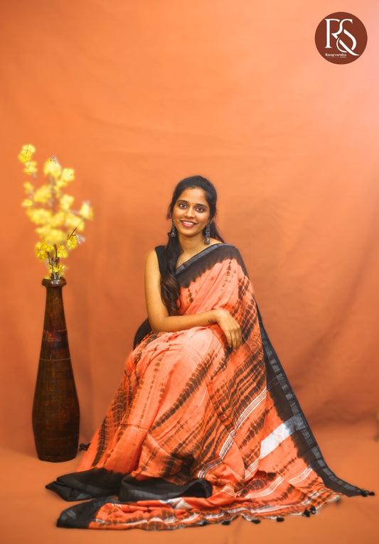 Orange and Black tie-dye khadi cotton saree