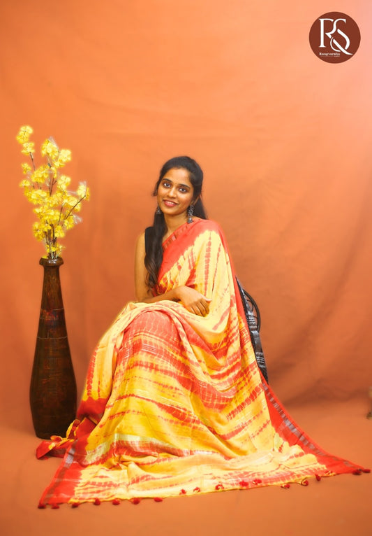 Mango Yellow and Tomato Red tie-dye khadi cotton saree