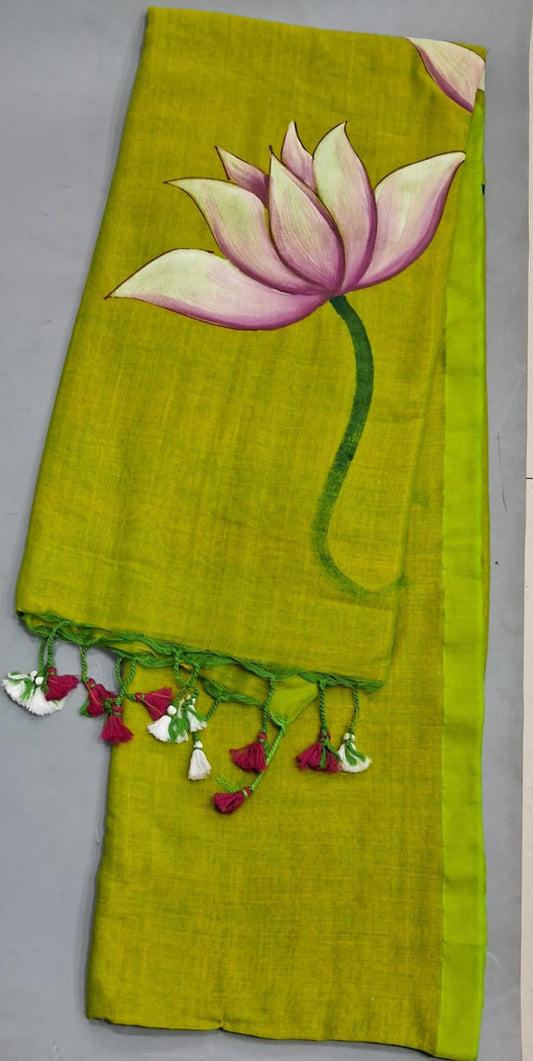 Lime Green Khadi /Mulmul Cotton Saree