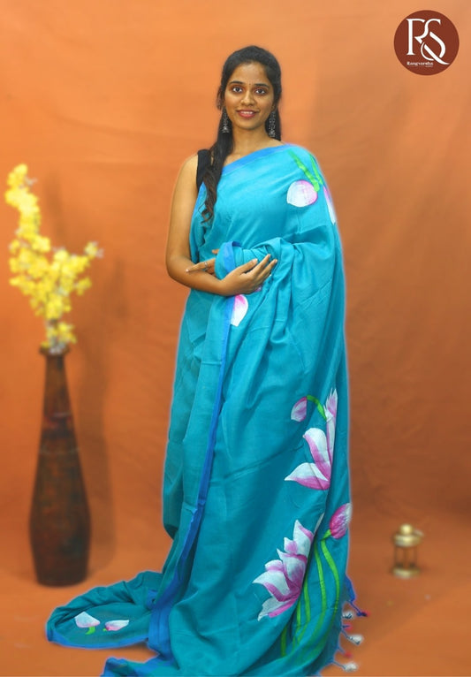 Teal blue Khadi /Mulmul Cotton Saree