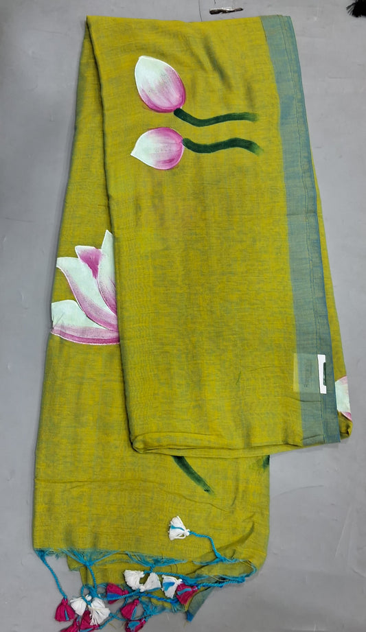 Mehandi Green Khadhi /Mulmul Cotton Saree