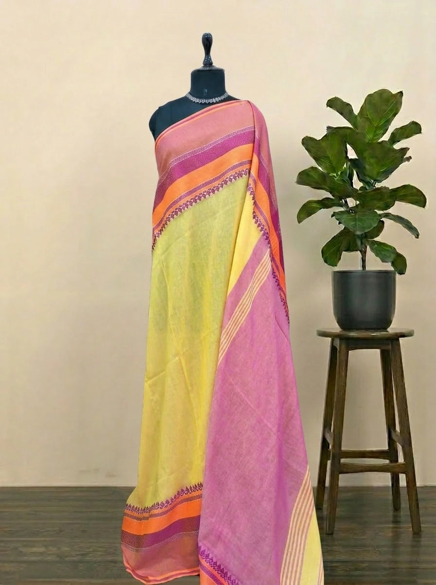 Lemon Yellow Plain Khadhi Cotton saree