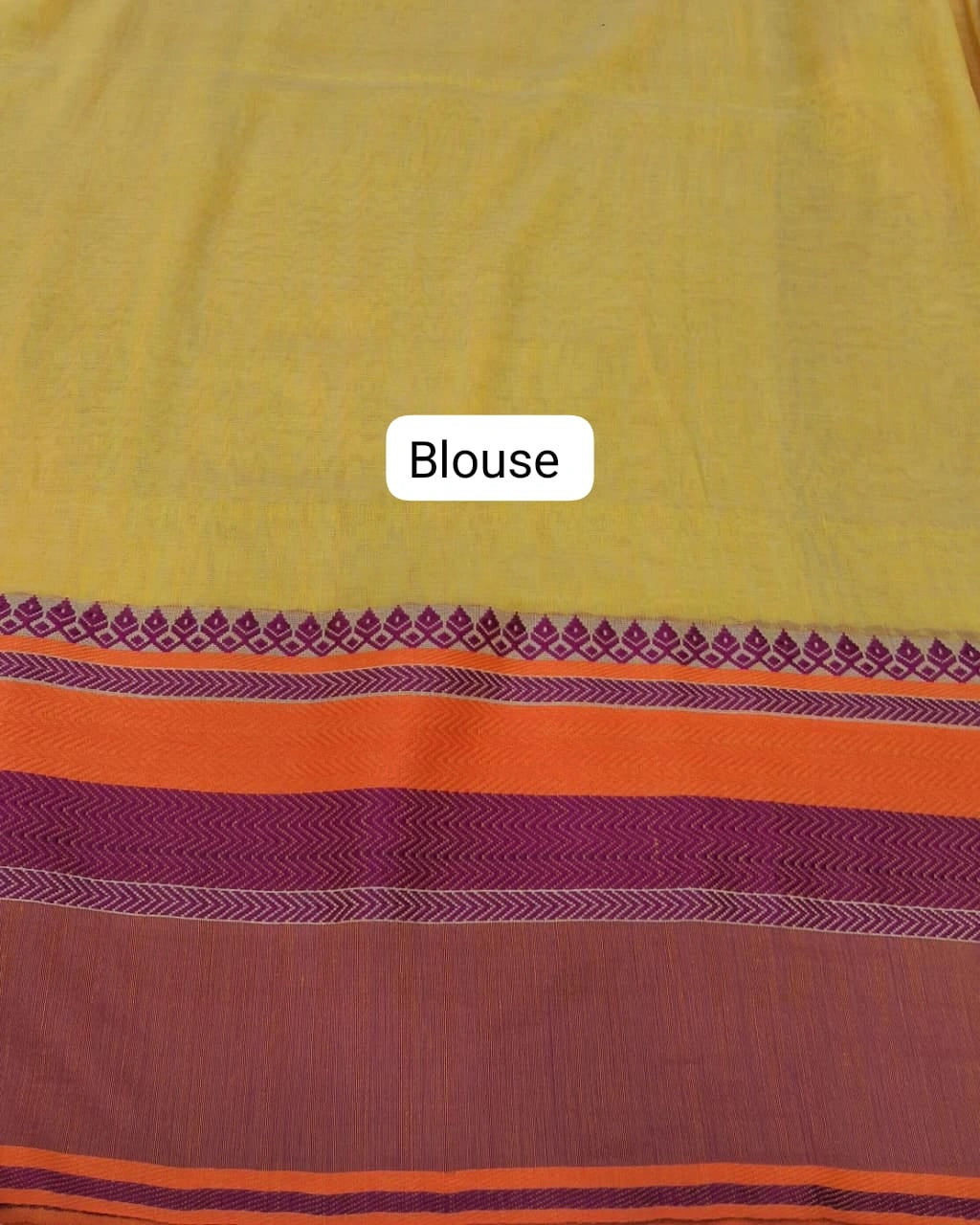 Lemon Yellow Plain Khadhi Cotton saree Blouse