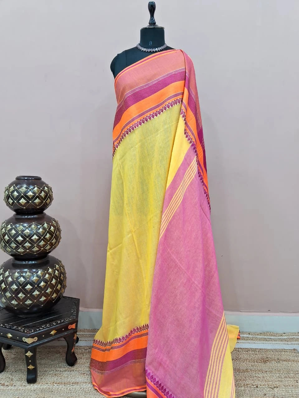 Lemon Yellow Plain Khadhi Cotton saree