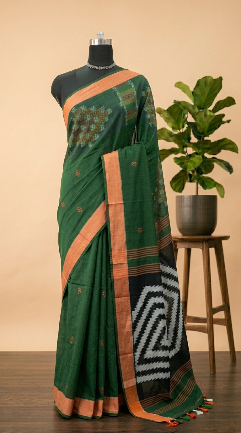 Elegant Green Khadi Cotton Saree